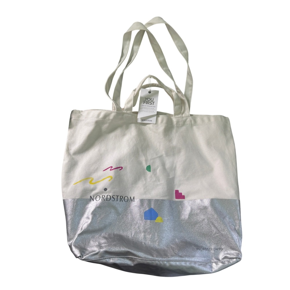 Nordstrom Toronto Opening Metallic Silver Canvas Tote Bag White Large Shopper
